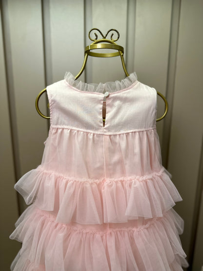 Vestido Infantil Tule Camadas Babados Laço Rosa Fada - Pituchinhus