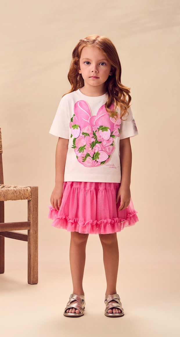 Conjunto Infantil Blusa Minnie Pérola e Saia Tule Rosa - Animê