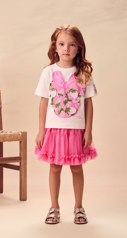 Conjunto Infantil Blusa Minnie Pérola e Saia Tule Rosa - Animê