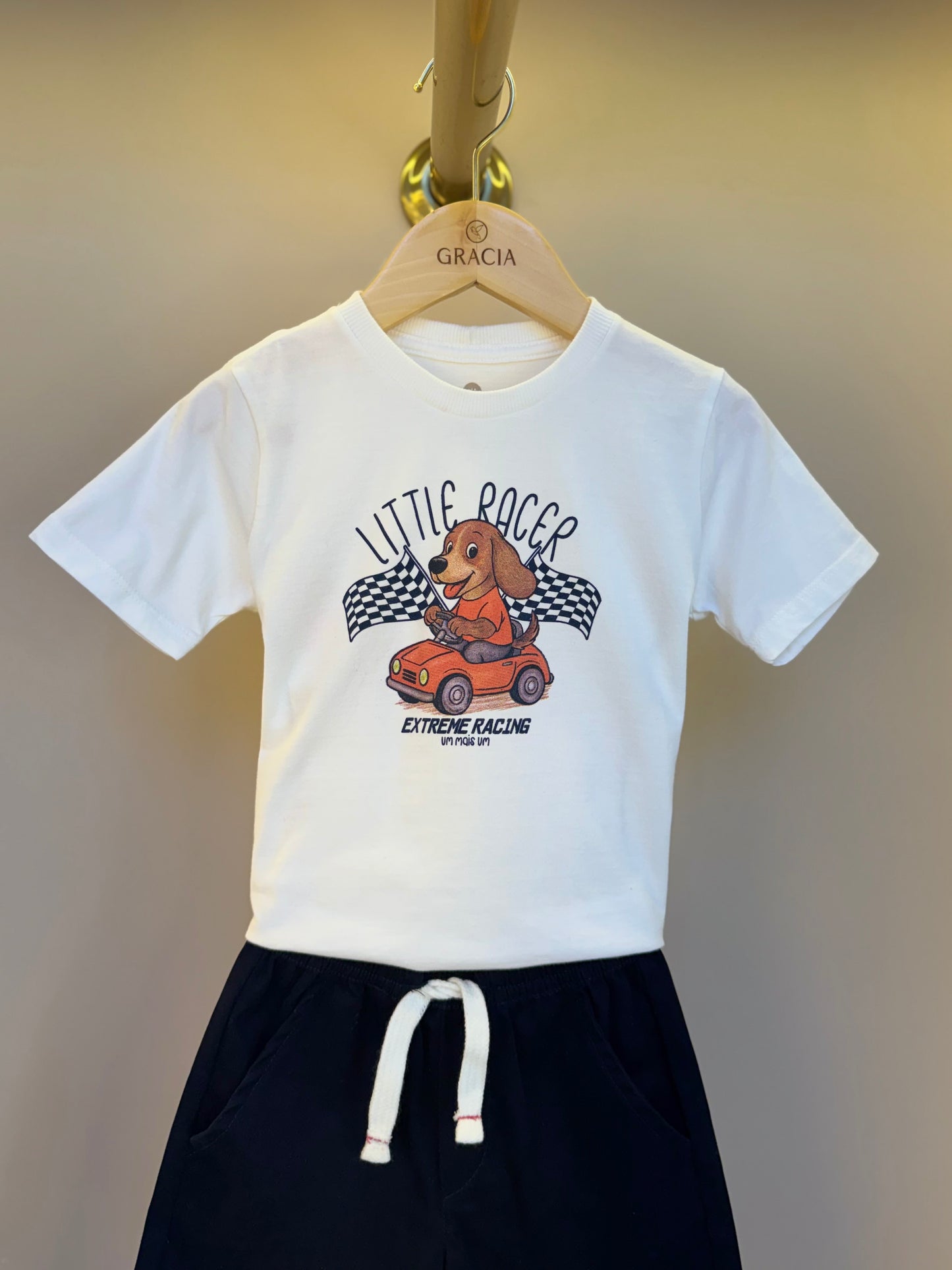 Conjunto Infantil Camiseta Algodão Little Racer e Bermuda Sarja Marinho - Um Mais Um
