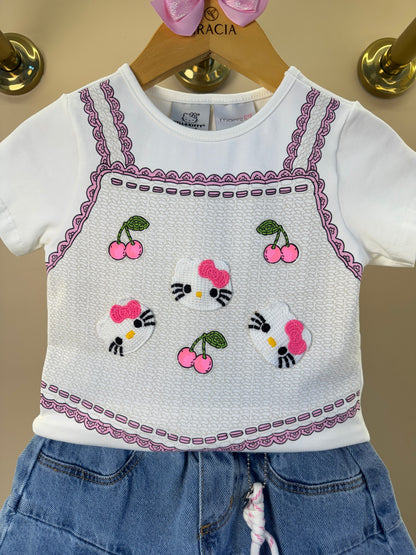 Conjunto Infantil Blusa Hello Kitty Bordado e Saia Jeans Pregas Com Pingente - Momi