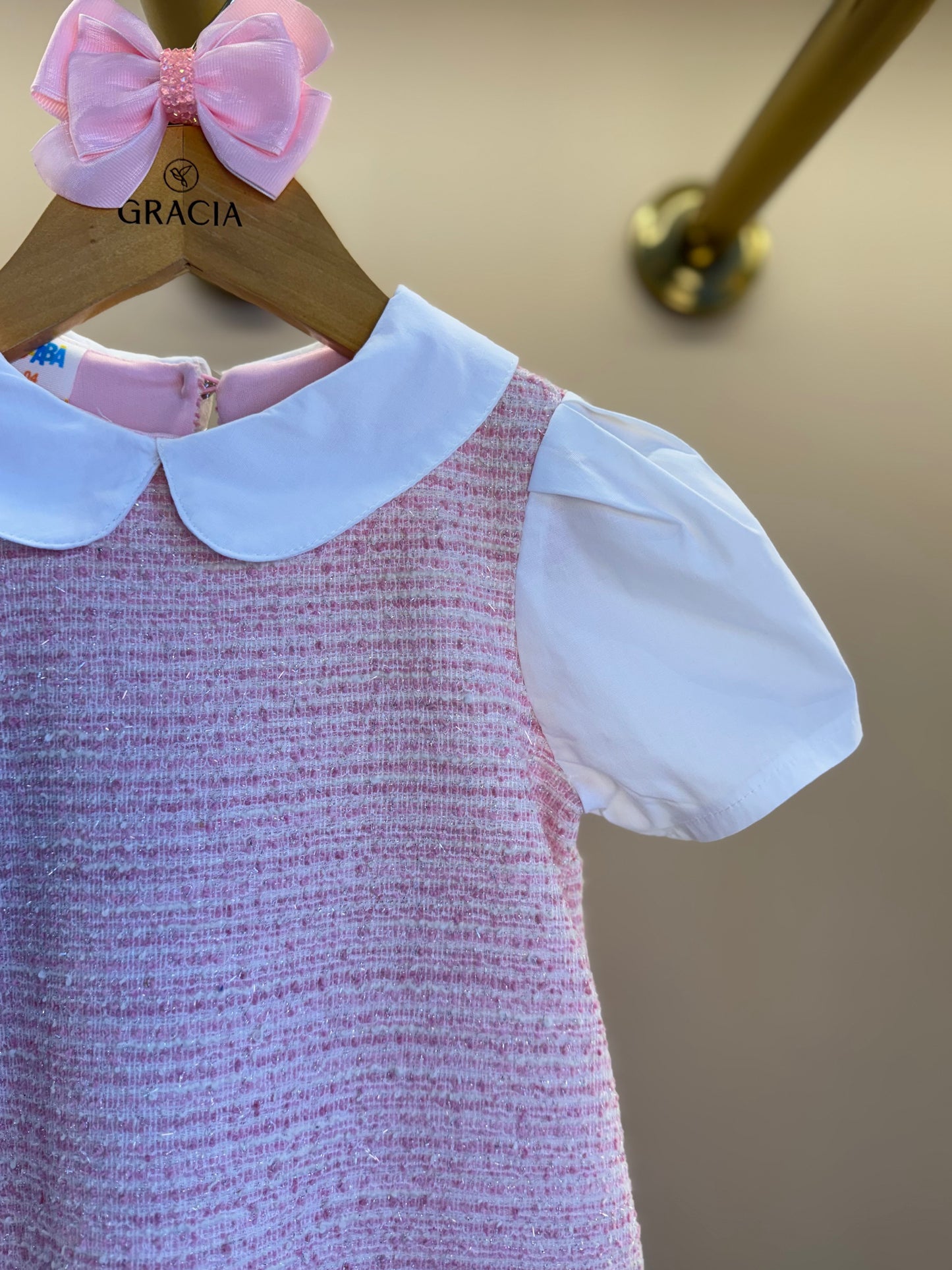Vestido Infantil Reto Malha Tweed Algodão Gola Alfaiataria Rosa Claro - Beabá
