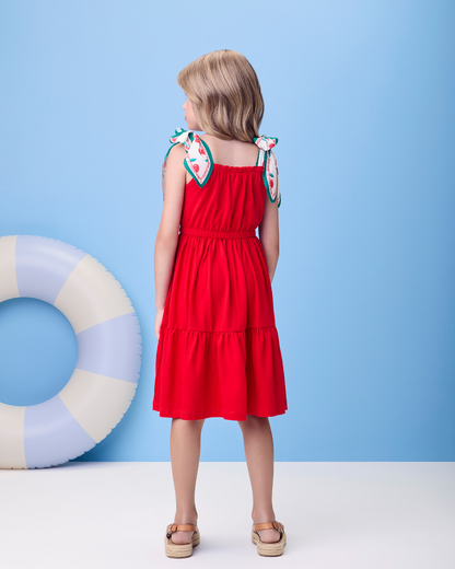 Vestido Infantil Algodão Vermelho Laços de Lenço Cerejinha - Momi