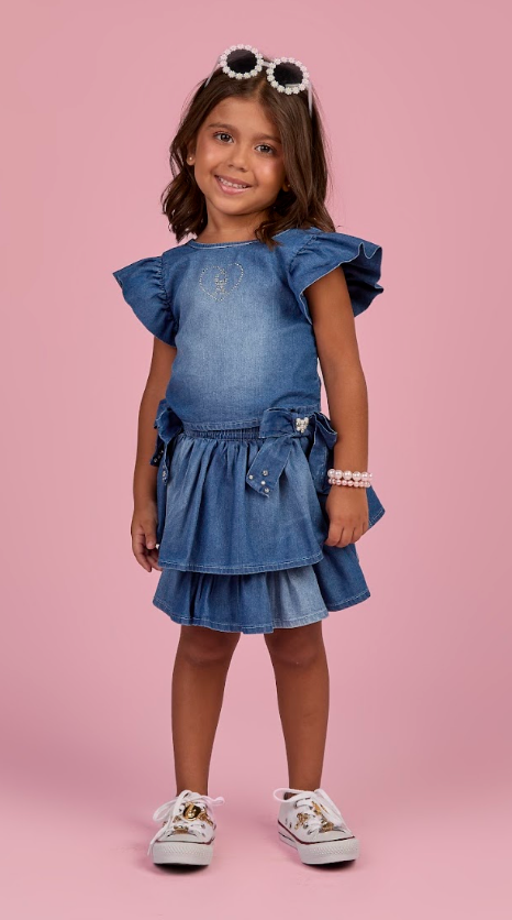 Conjunto Infantil Blusa Jeans Strass e Saia Laços Laterais Bordado Com Pérolas - Gabriela Aquarela
