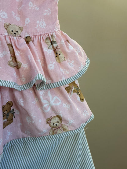 Conjunto Infantil Blusa Algodão Estampa Ursinhos Com Babados e Lacinhos e Shorts Algodão Listrado Bolsos Babadinho de Renda - Pituchinhus