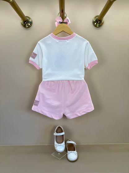 Conjunto Infantil Blusa Perolada Ballet Core Shorts e Laço Rosa - Animê Petite
