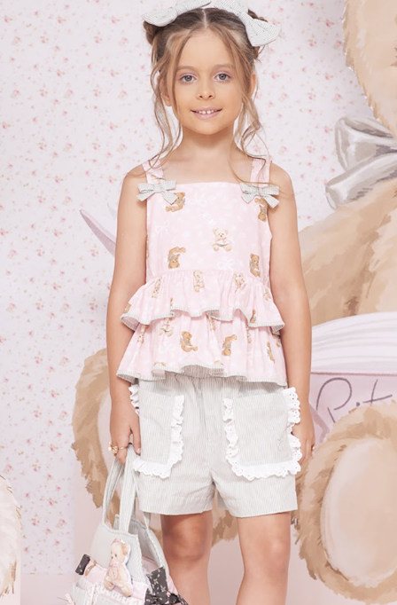 Conjunto Infantil Blusa Algodão Estampa Ursinhos Com Babados e Lacinhos e Shorts Algodão Listrado Bolsos Babadinho de Re