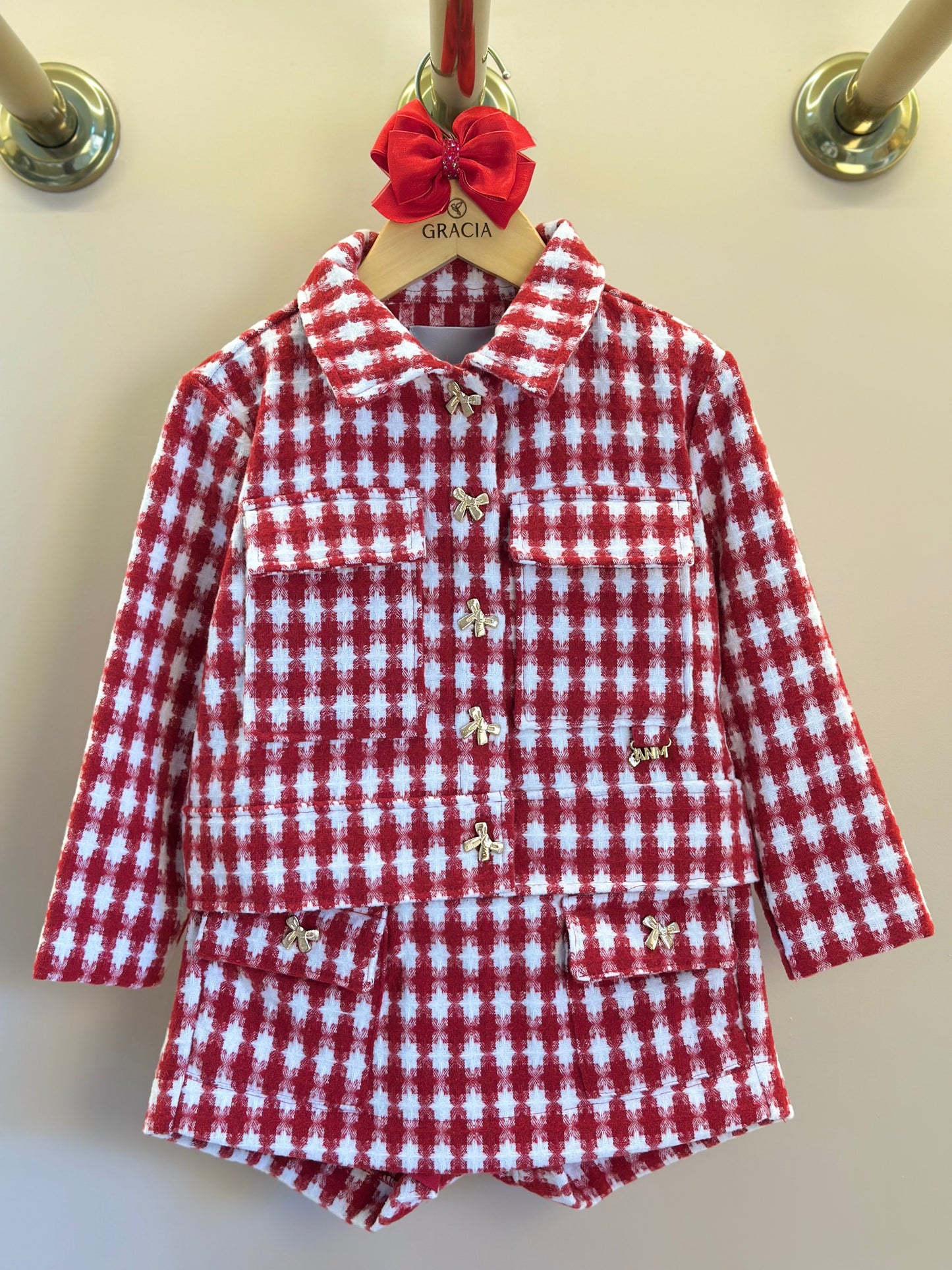 Conjunto Infantil Conceito Tweed Vermelho Casaco e Shorts Saia - Animê