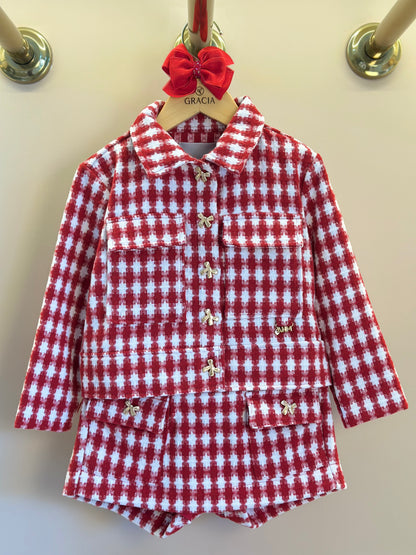 Conjunto Infantil Conceito Tweed Vermelho Casaco e Shorts Saia - Animê