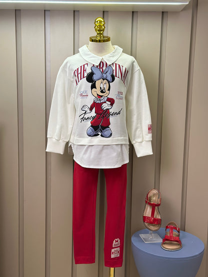 Conjunto Infantil Casaco Minnie Golinha Pérola e Legging Vermelha - Animê