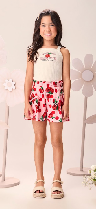 Conjunto Infantil Regata e Shorts Estampa Cherry Floral Off White - Momi