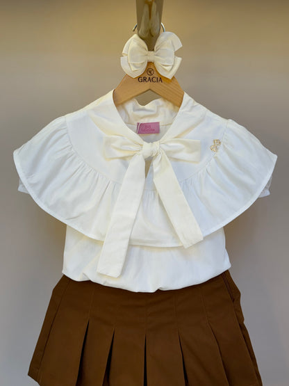 Conjunto Infantil Blusa Gola Laço E Saia Pregas Sarja Terracota - Luluzinha