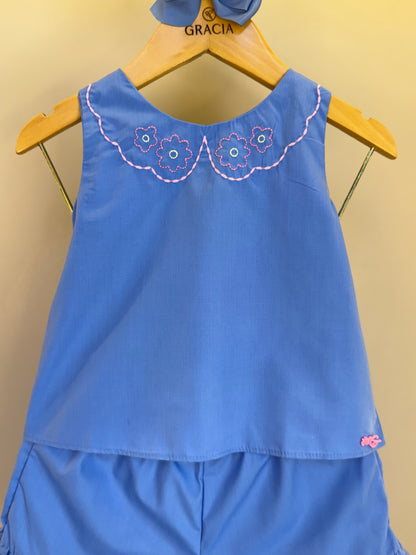 Conjunto Infantil Blusa Bordada Tricoline e Shorts Azul - Mon Sucre