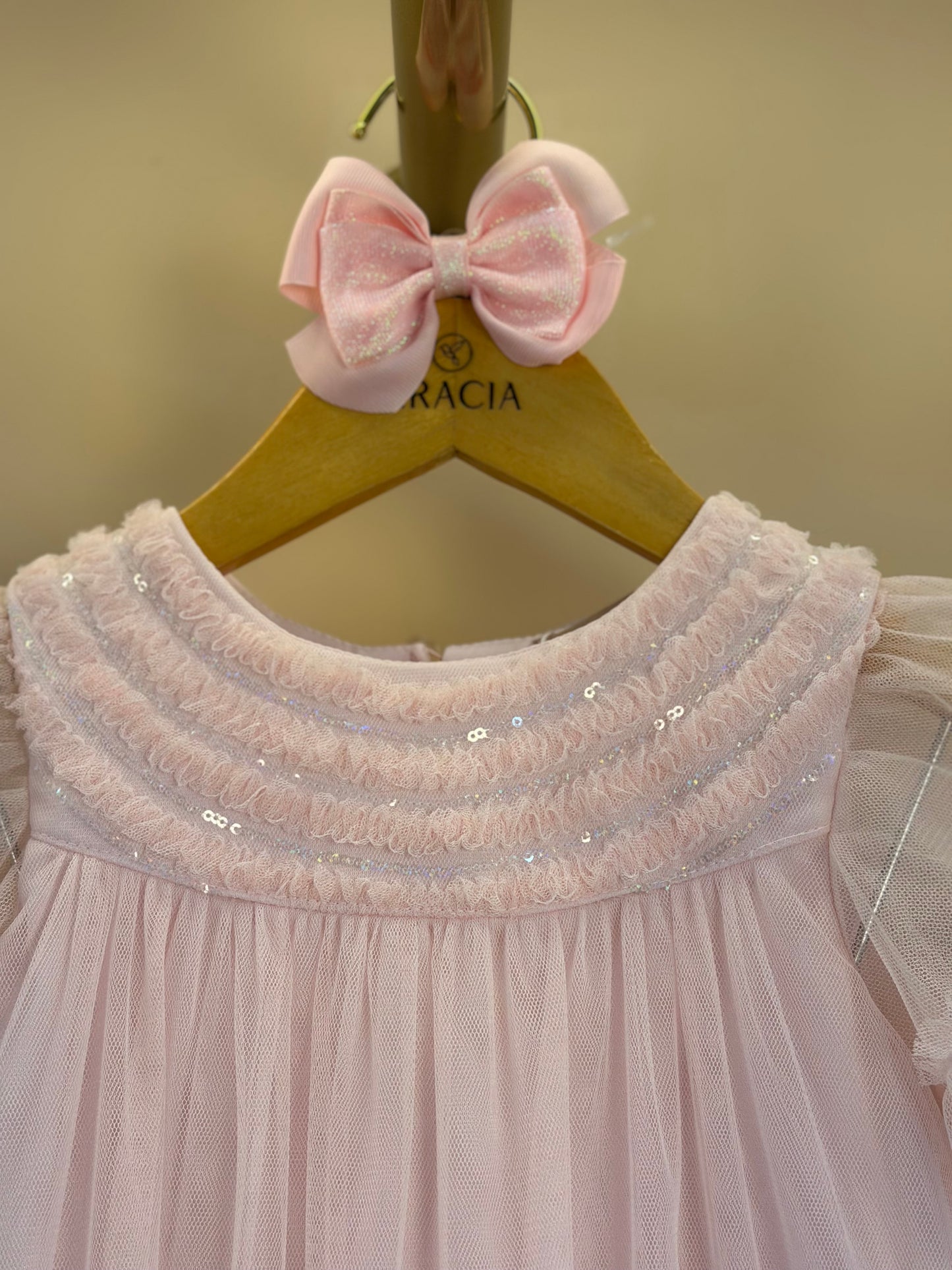 Vestido Infantil Trapézio Tule Bordado Delicado Busto Rosa - Petit Cherie
