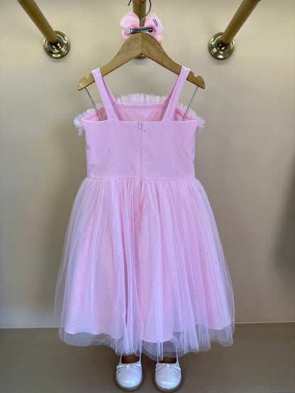 Vestido Infantil Tule com Brilho Tomas e Frufru Rosa Claro - Petit Cherie
