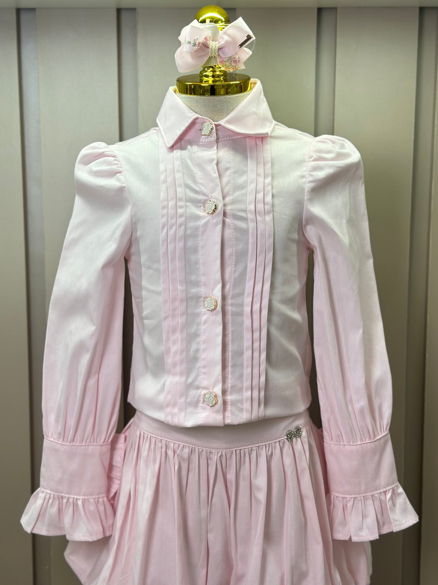 Conjunto Infantil Algodão  Camisa Babadinhos Punho Pregas e Saia Balonê Rosa Claro - Luluzinha