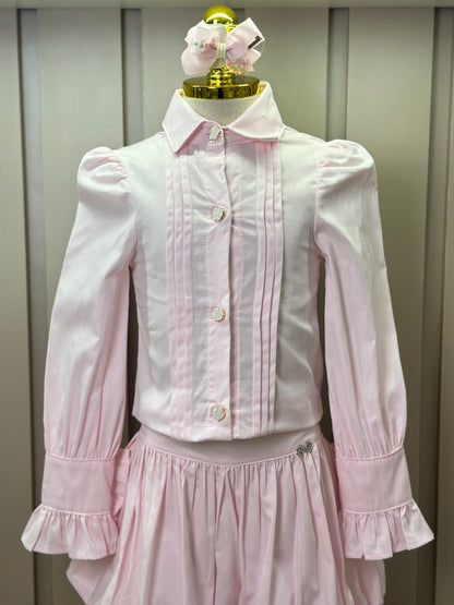 Conjunto Infantil Algodão  Camisa Babadinhos Punho Pregas e Saia Balonê Rosa Claro - Luluzinha