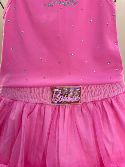 Conjunto Infantil Blusa Light Cristais Barbie e Saia Babados Patche Barbie Rosa Ópera - Pituchinhus