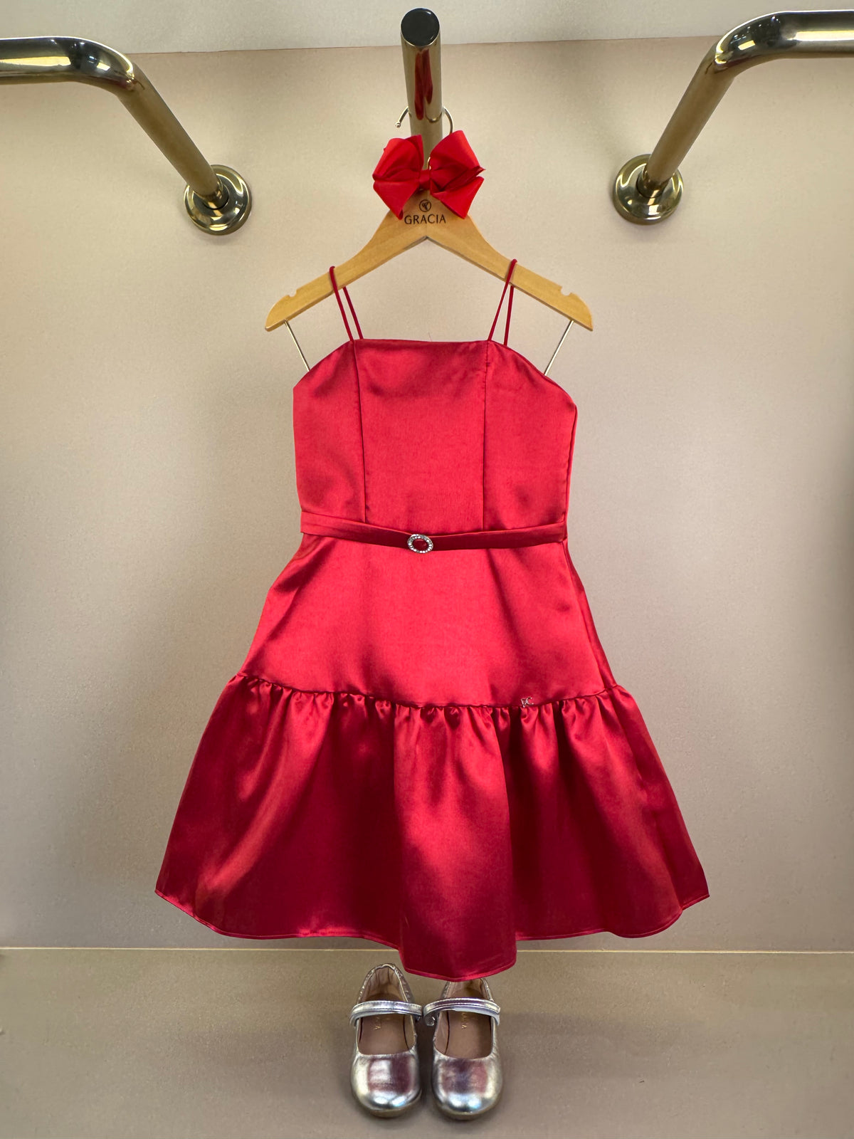 Vestido Infantil Acetinado Saia Babado Vermelho - Petit Cherie