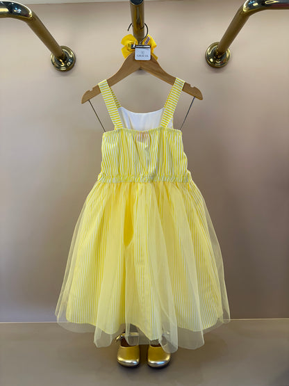 Vestido Listrado Com Tule e Aplicação de Flores - Momi
