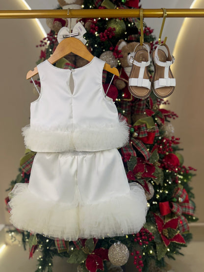 Conjunto Infantil Festa Blusa e Saia Barra Frufru de Tule Branco - Pituchinhus