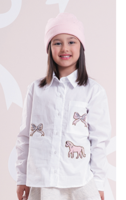 Conjunto Infantil Camisa Algodão Patches Laços e Cavalinho e Saia Sarja Bege - Pituchinhus