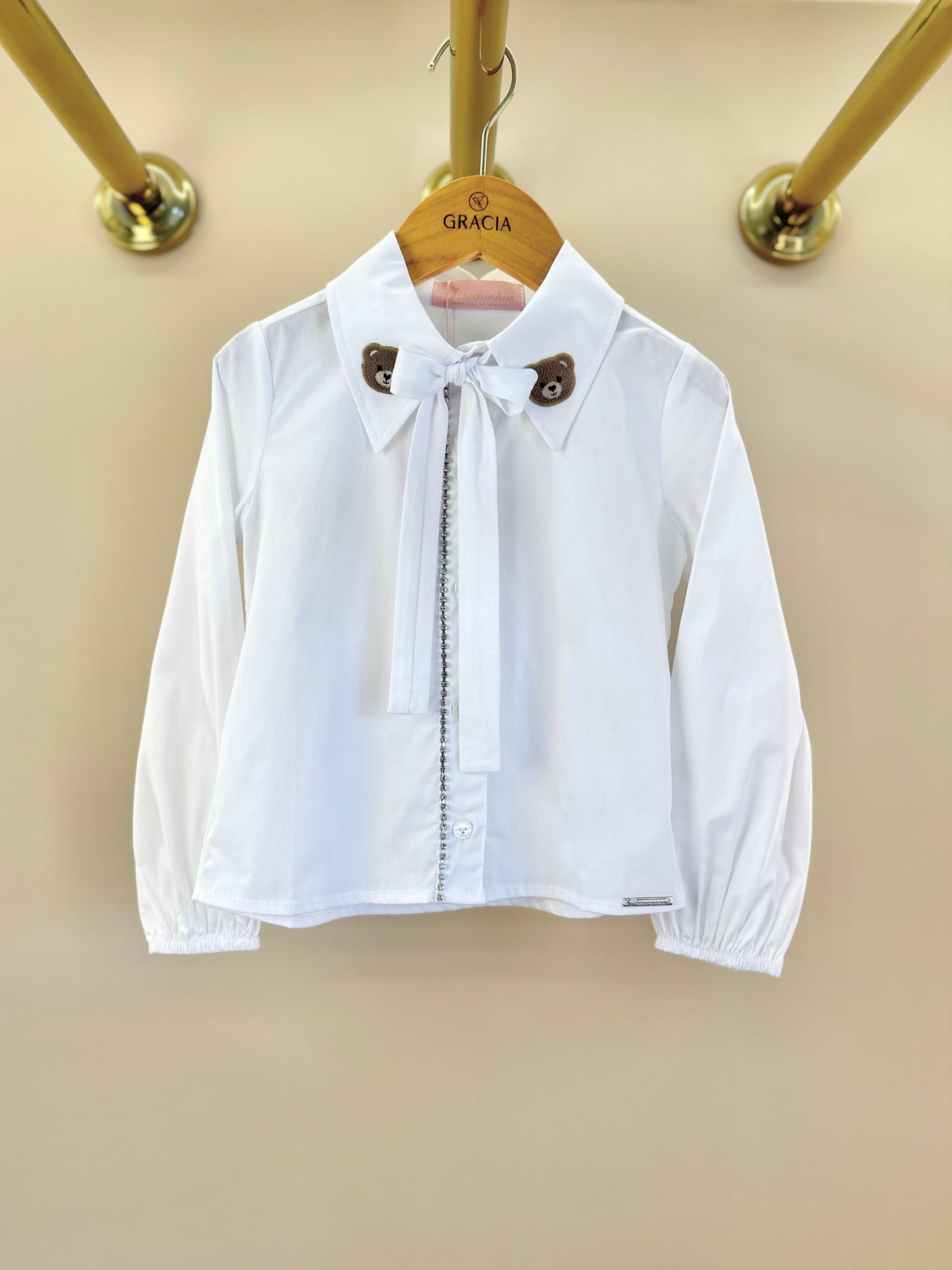 Camisa Infantil Algodão Cristais e Patche Ursinha Branca - Pituchinhus