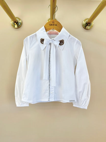 Camisa Infantil Algodão Cristais e Patche Ursinha Branca - Pituchinhus