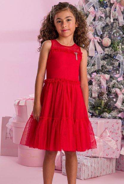 Vestido Infantil Tule Frufru Vermelho Laço Stress -Petit Cherie