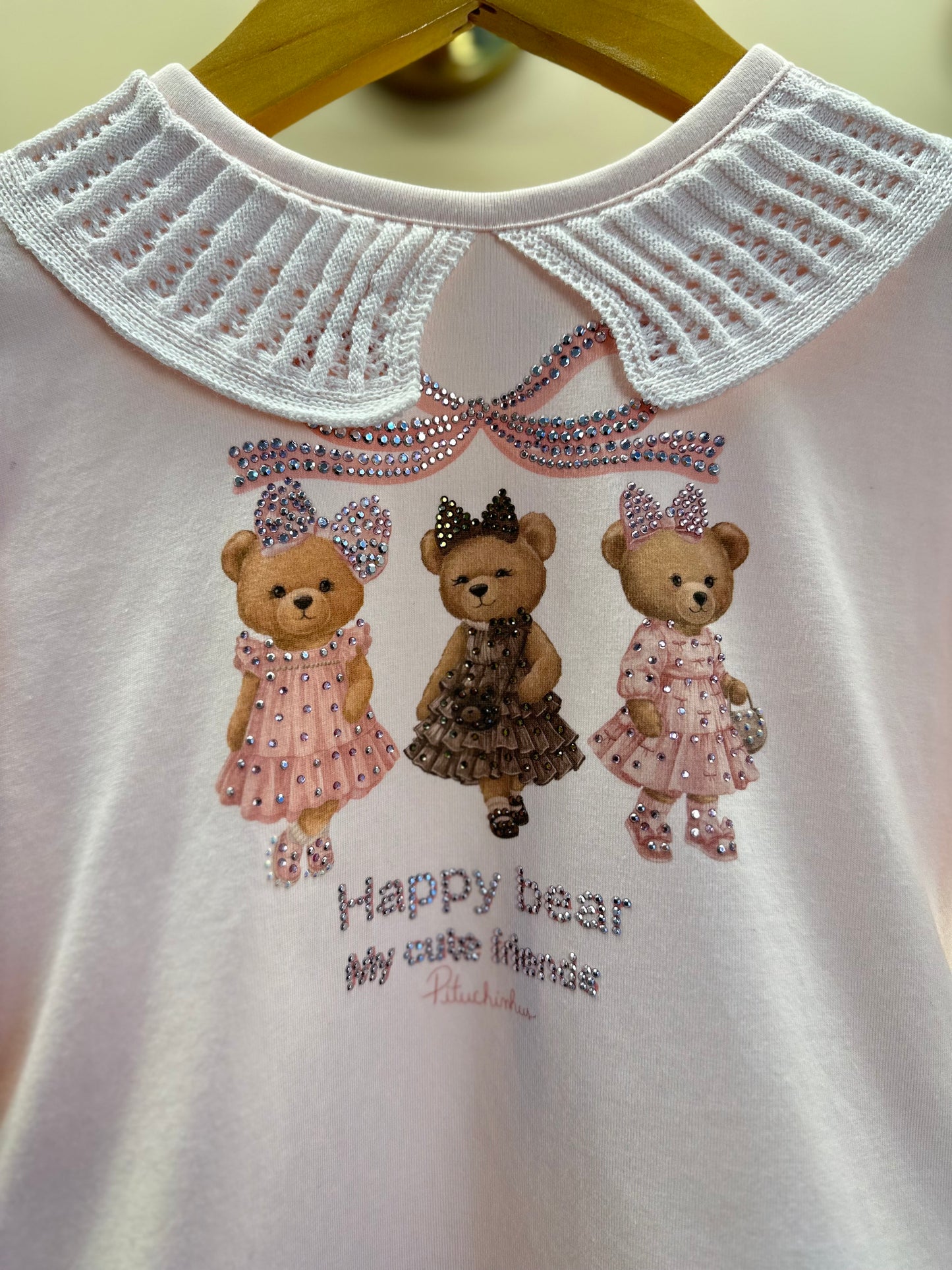 Conjunto Infantil Algodão Blusa Cotton Ursinhas Happy Gola Tricot e Saia Babados Ursinhas Listras - Pituchinhus