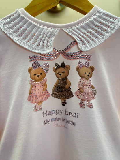 Conjunto Infantil Algodão Blusa Cotton Ursinhas Happy Gola Tricot e Saia Babados Ursinhas Listras - Pituchinhus
