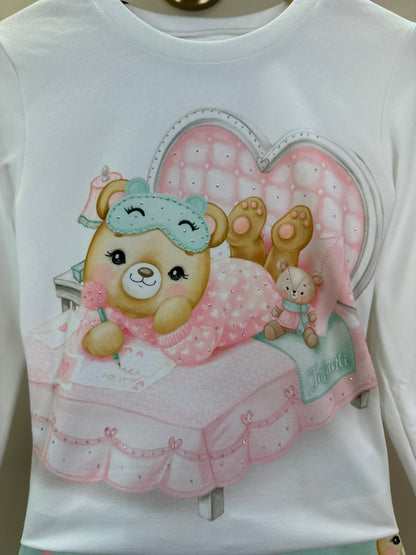 Pijama Infantil Blusa ML Ursinha Off e Legging Estampada Verde - Infanti