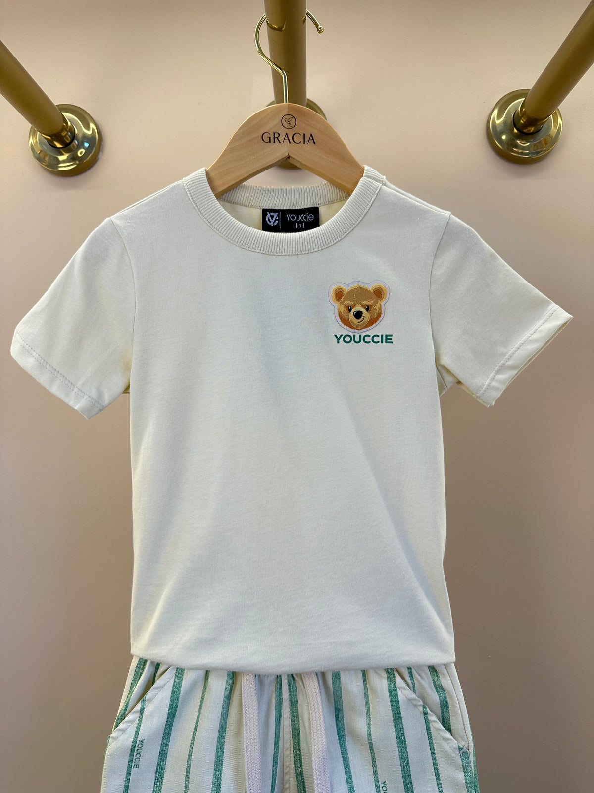 Conjunto Infantil T-Shirt Teddy e Bermuda de Linho Listrada - Youccie