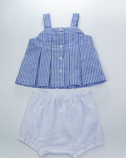 Conjunto Bebê Bata Listrada Azul Lacinho e Shorts Fofinho Piquet - Um Mais Um