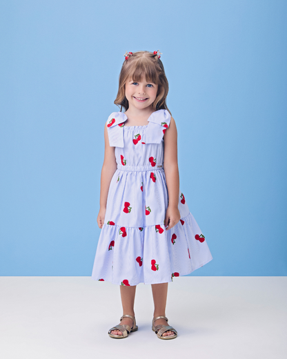 Vestido Infantil Listrado Azul Cerejinhas - Momi