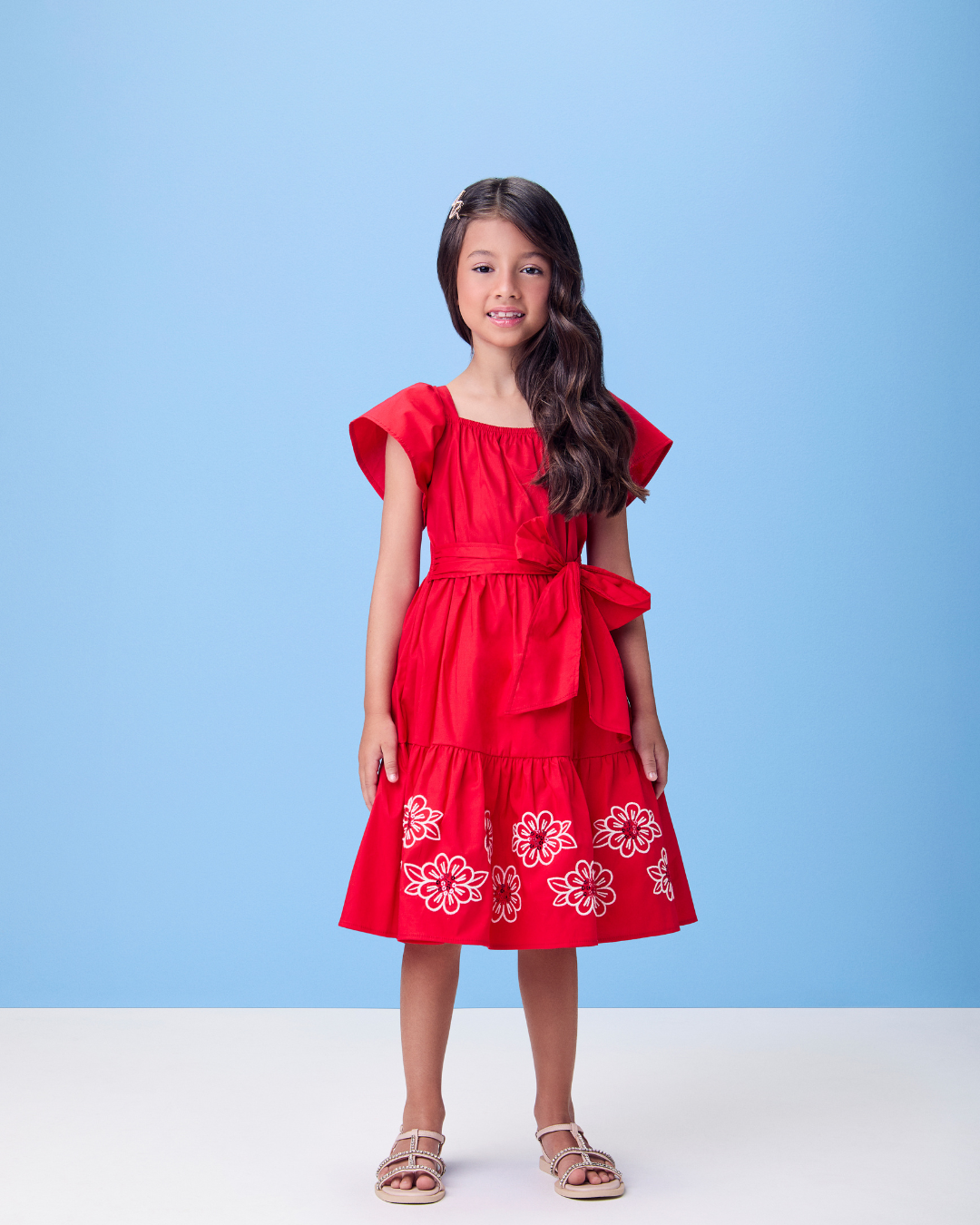 Vestido Infantil Amarração Laço Bordado Paetê - Momi