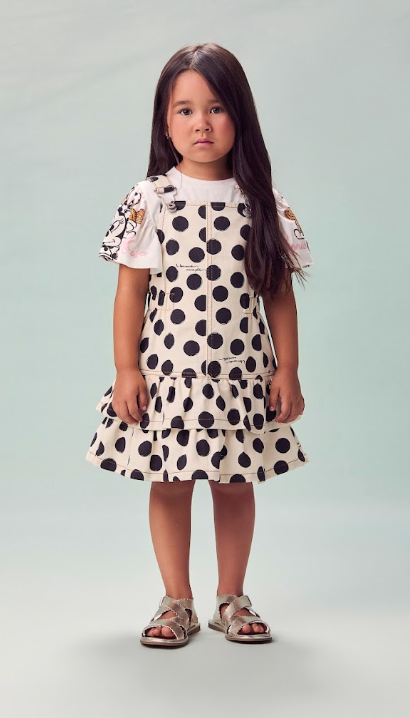 Conjunto Infantil Blusa Manga Estampa Minnie Pingente e Salopete Sarja Em Poá Com Babados - Animê