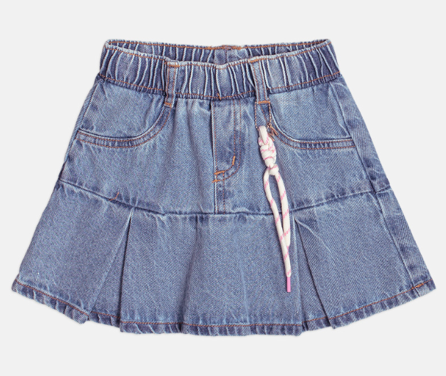Conjunto Infantil Blusa Hello Kitty Bordado e Saia Jeans Pregas Com Pingente - Momi - Pré Venda