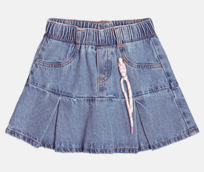 Conjunto Infantil Blusa Hello Kitty Bordado e Saia Jeans Pregas Com Pingente - Momi - Pré Venda