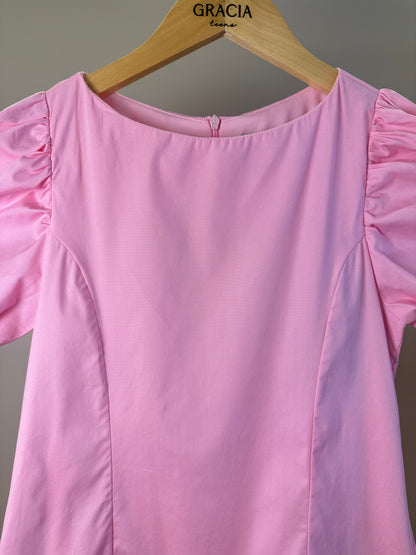 Vestido Teen Tricoline Rosa Com Mangas Bufantes - Authoria