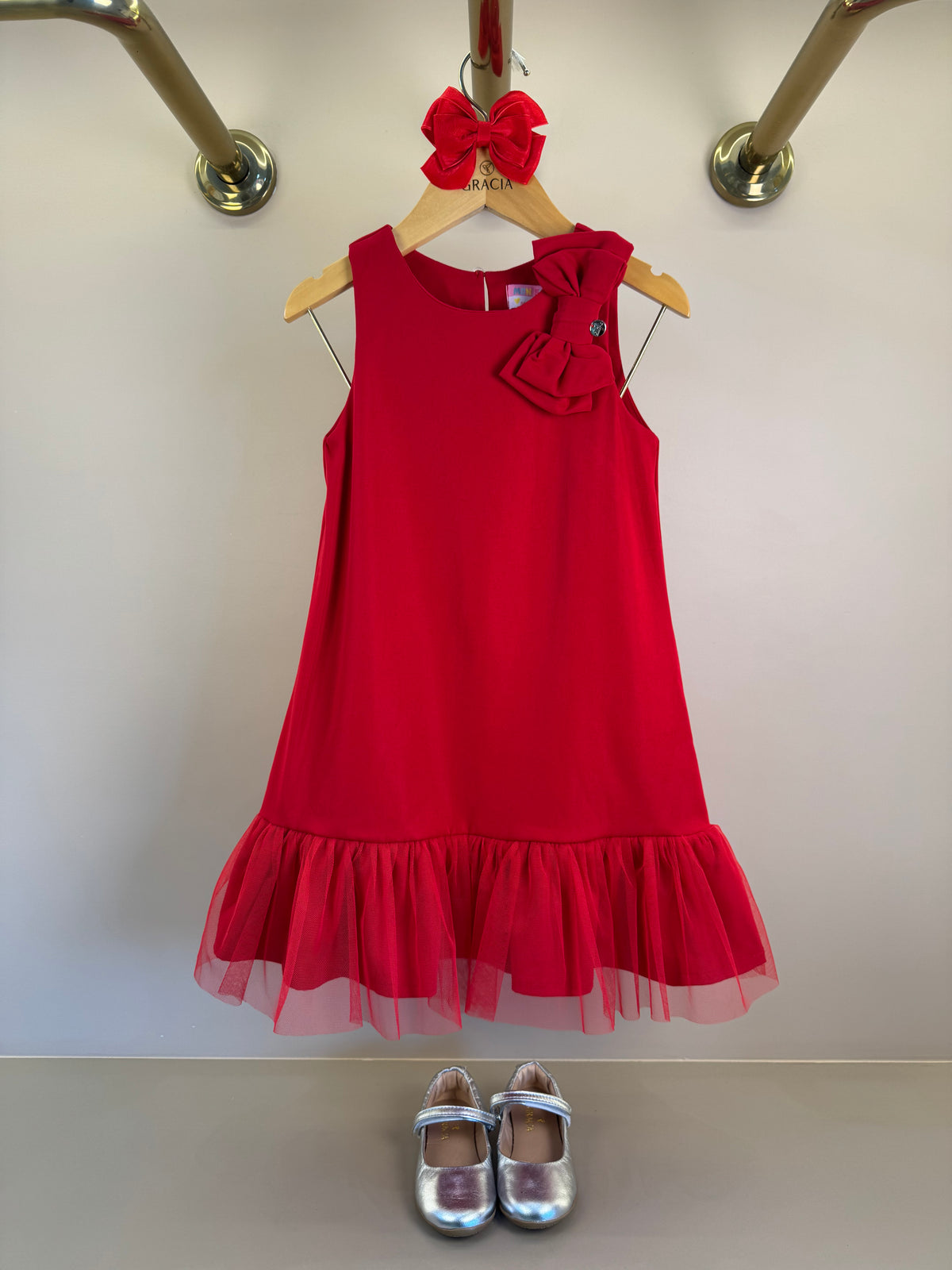 Vestido Infantil Laço Lateral Barra Em Tule Vermelho - Mon Sucre