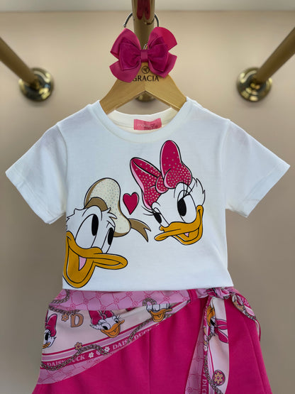 Conjunto Infantil Blusa Daisy & Donald com Shorts Lenço Rosa - Momi