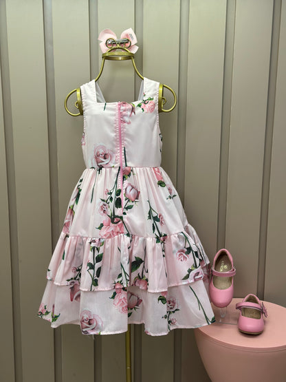 Vestido Infantil Algodão Rodado Floral Rosa Bordado Manual e Strass Rosa - Luluzinha
