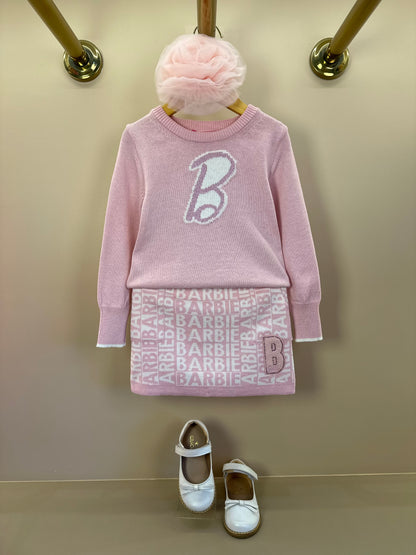 Conjunto Infantil Tricot Blusa Barbie Strass e Saia Jacquard Barbie Patches Sugar Rose - Pituchinhus