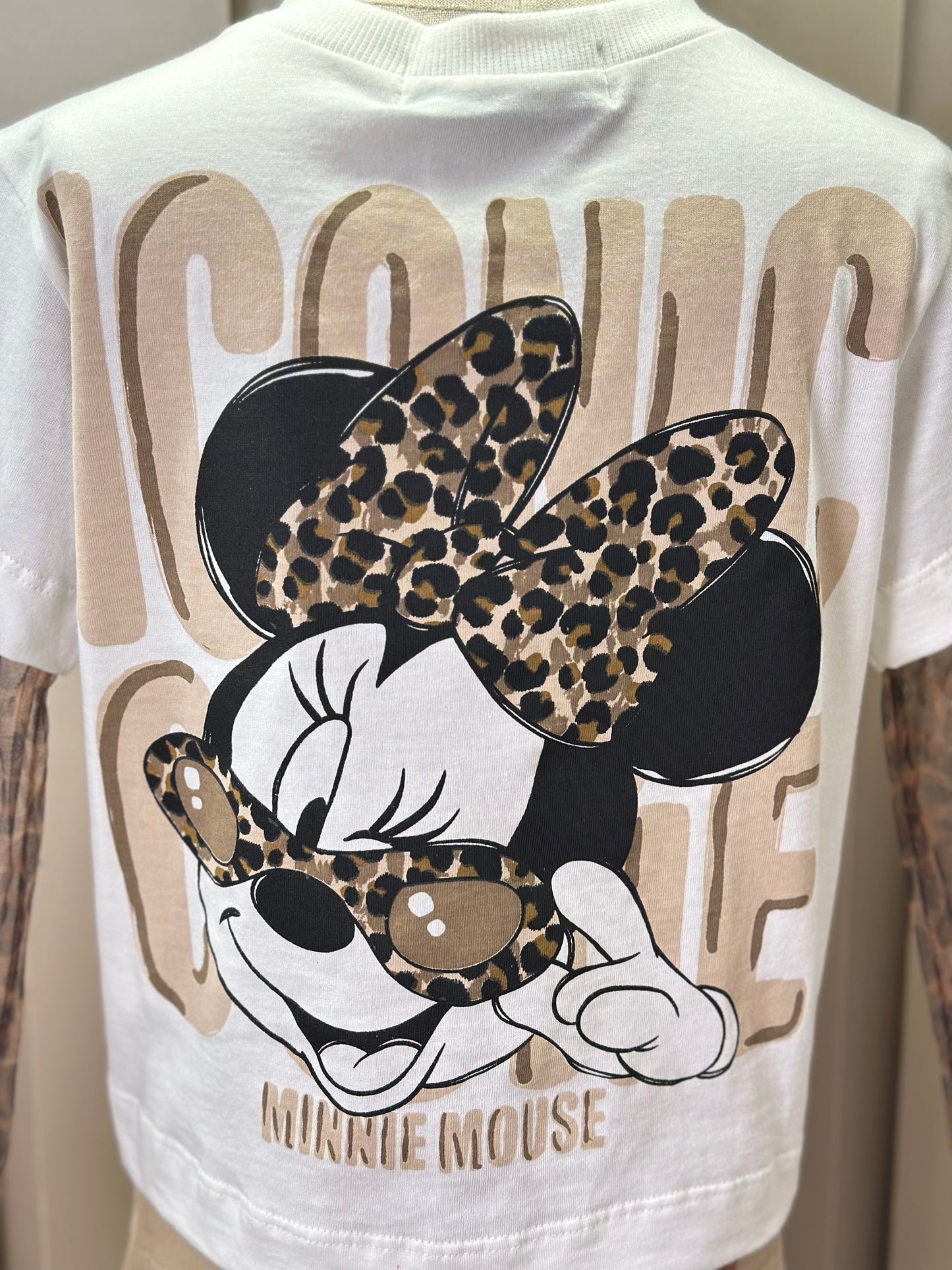 Conjunto Infantil Blusa Minnie Mangas Tule Animal Print  e Calça Sarja Pregas Bege - Animê