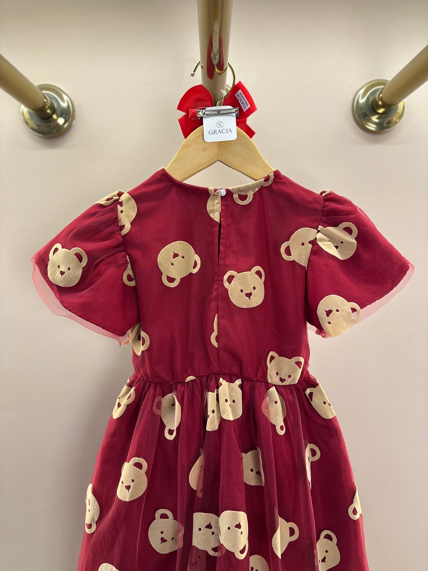 Vestido Infantil Tule Ursinhos Bordô - Momi