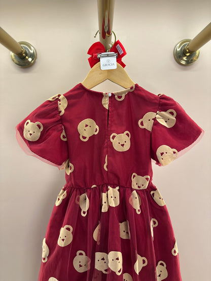 Vestido Infantil Tule Ursinhos Bordô - Momi