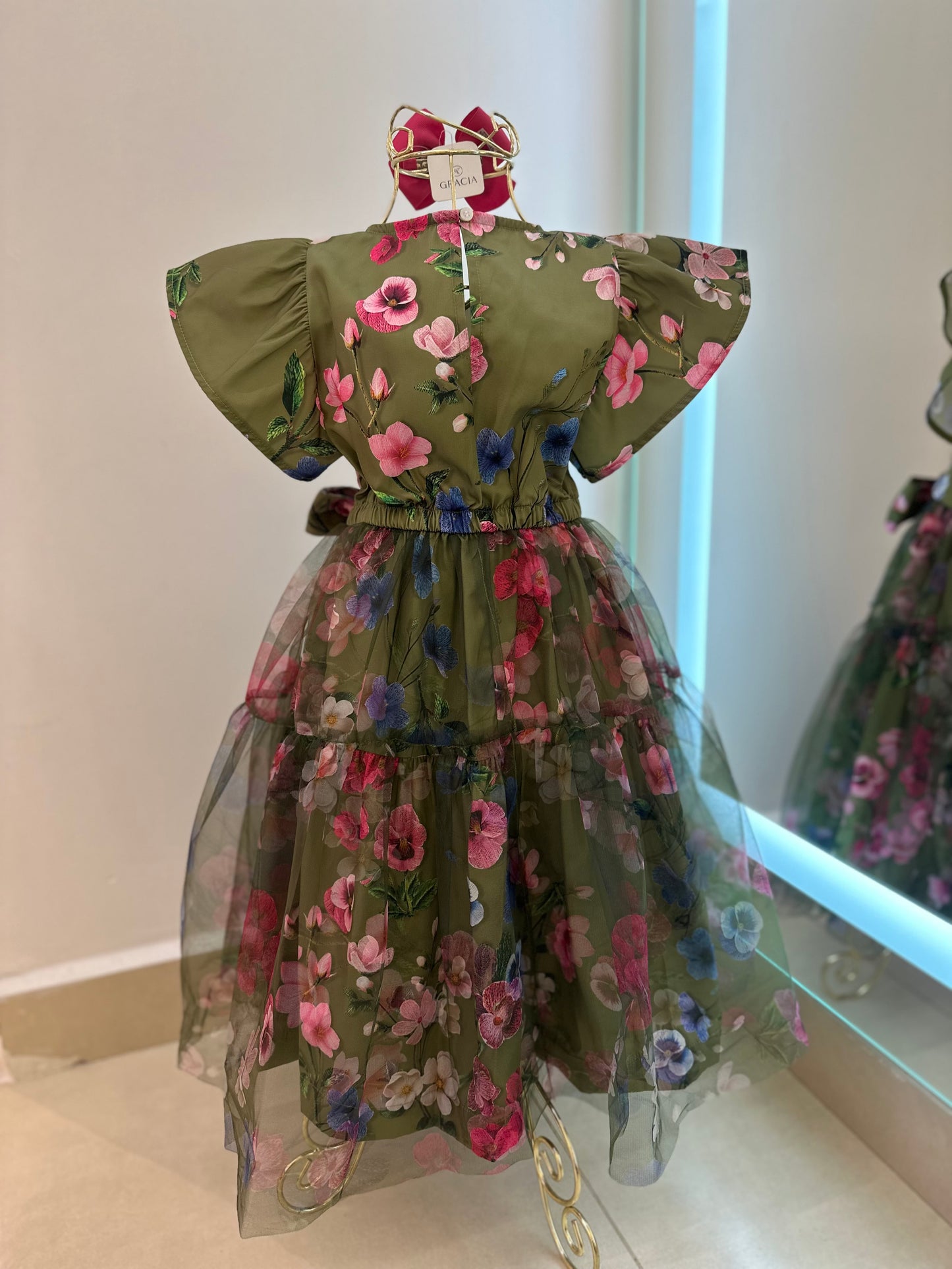 Vestido Infantil Conceito Tule Floral Bordado Verde Forest - Animê