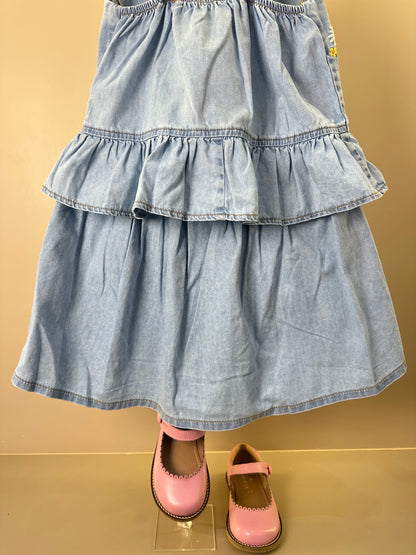 Conjunto Infantil Jeans Blusa Bordado Floral e Shorts Saia - Animê