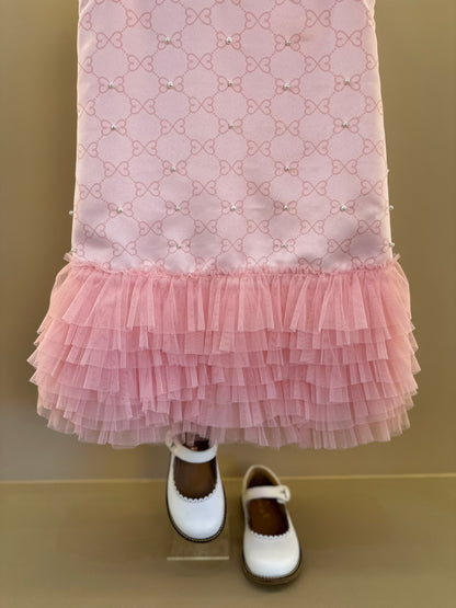 Vestido infantil Acetinado Monograma com Babados - Luluzinha